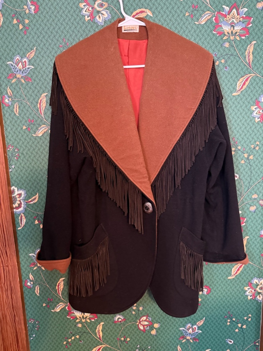 Lorovi Vintage Women’s Western Two-Tone Leather Fringe Wool Coat- USA Made